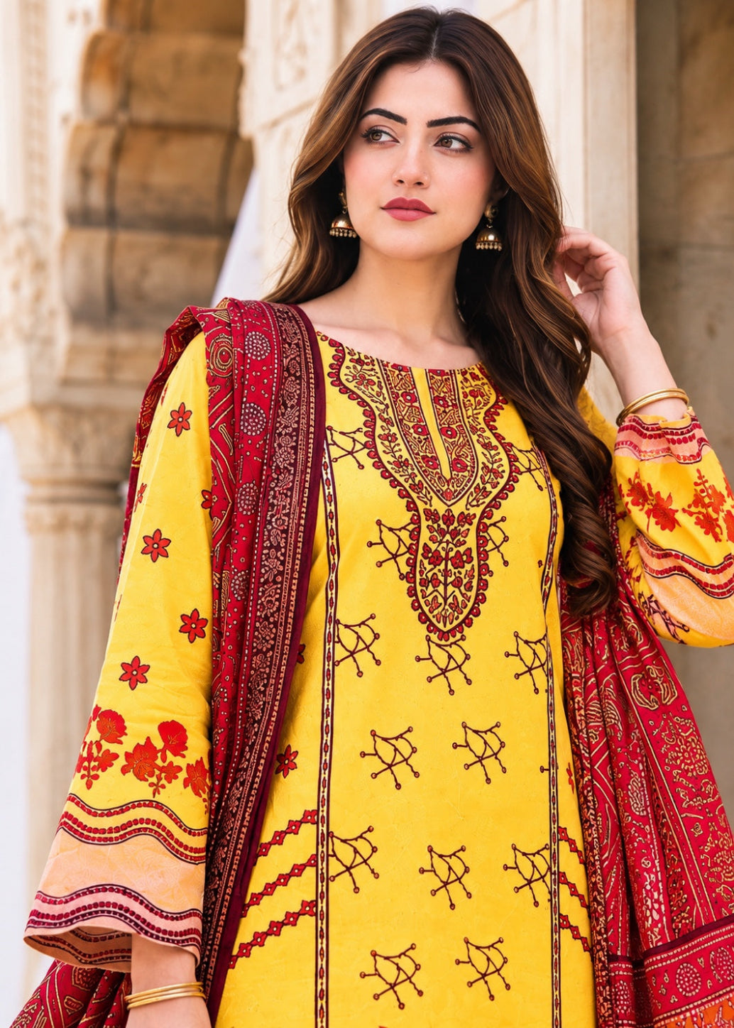 A woman wearing a bright yellow traditional outfit with red and gold embroidered details, paired with a red patterned dupatta, posed against a light-colored stone architectural background.