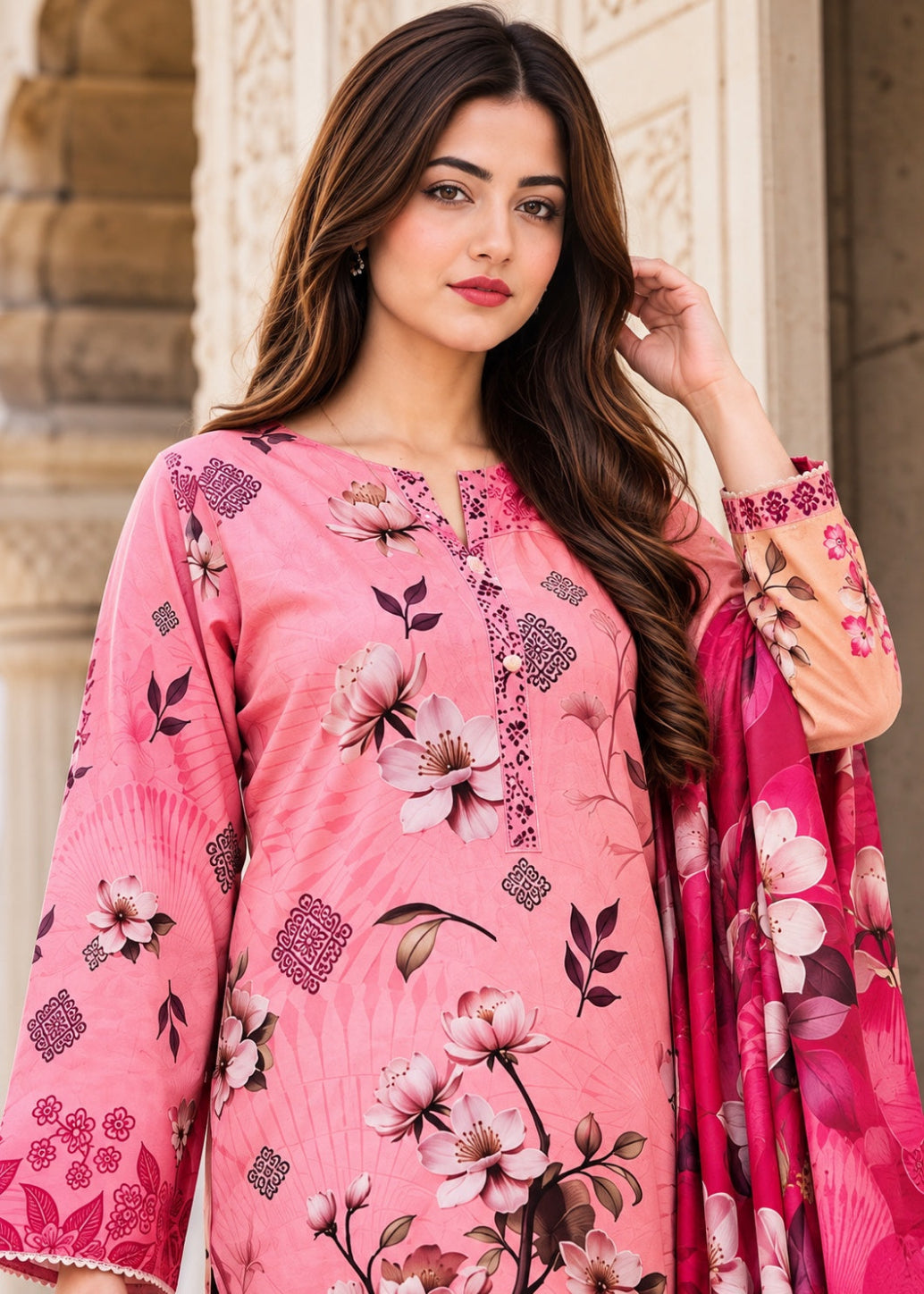A woman modeling a pink floral salwar kameez suit with a matching dupatta, featuring a pink kurta with floral and geometric prints, and a peach-colored inner sleeve.