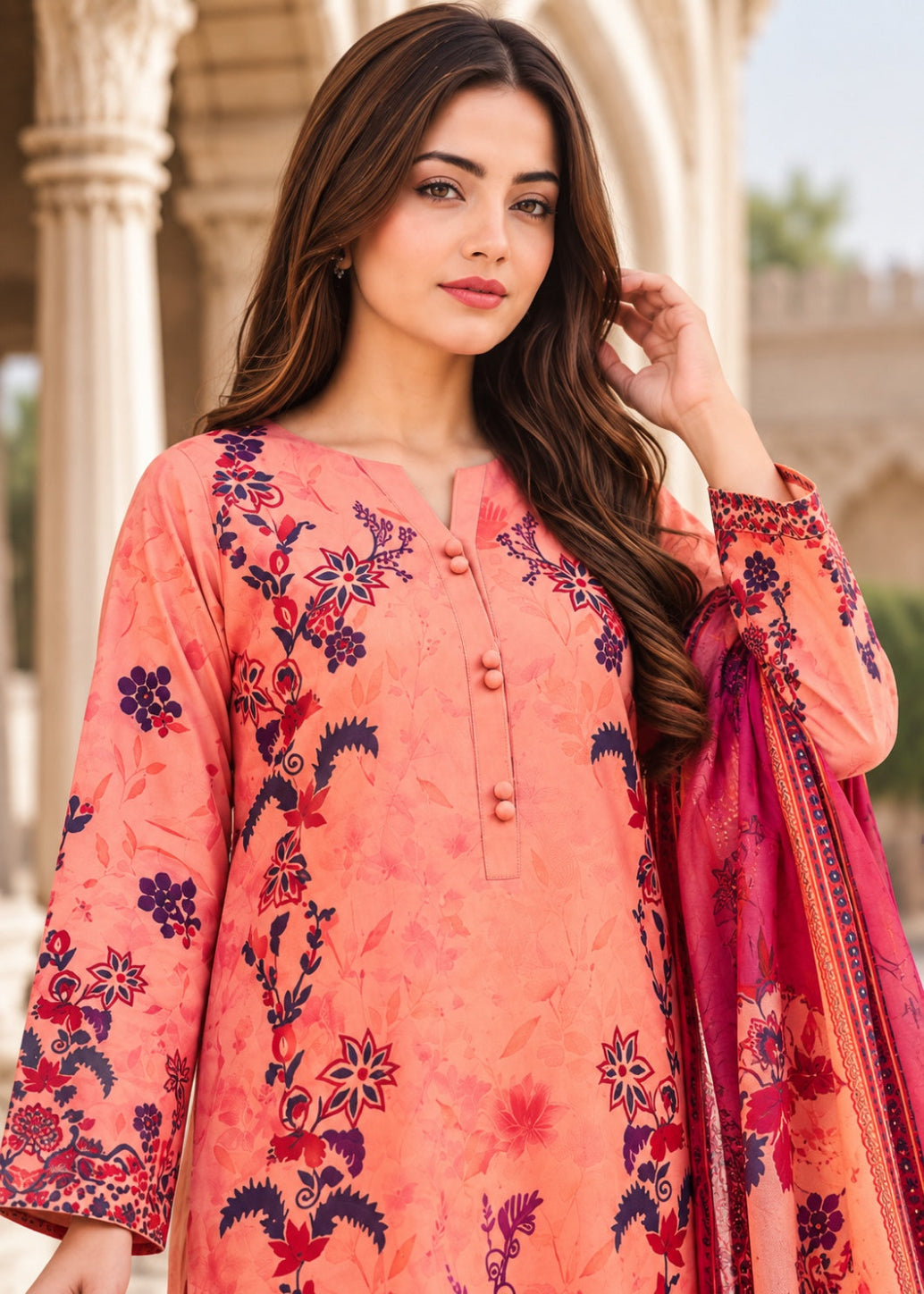 A woman wearing a peach-colored traditional three-piece salwar kameez suit with floral embroidery in navy and magenta, paired with a matching pink dupatta, set against a blurred architectural background.