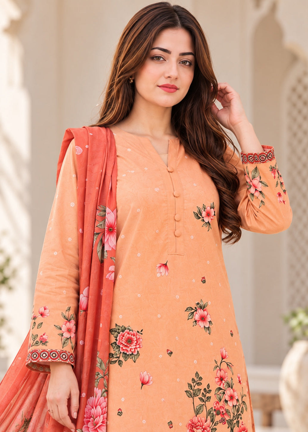 A woman modeling a peach-colored traditional Indian salwar kameez suit with floral embroidery and a matching peach dupatta, set against a soft beige architectural background.