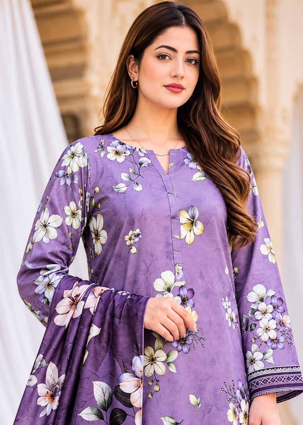 A woman wearing a lavender purple floral printed kurta with matching flared sleeves, photographed in a softly blurred architectural setting.
