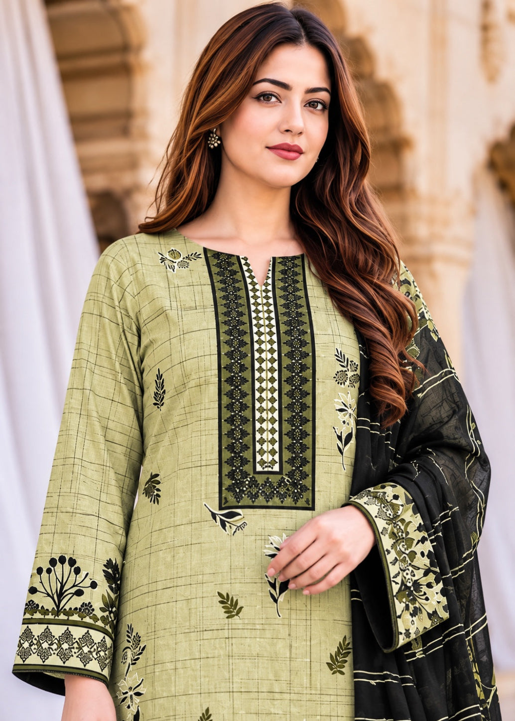 A woman wearing a light olive green 3-piece salwar kameez suit with black and white geometric embroidery on the yoke and cuffs, paired with a black dupatta featuring matching green and white floral prints.
