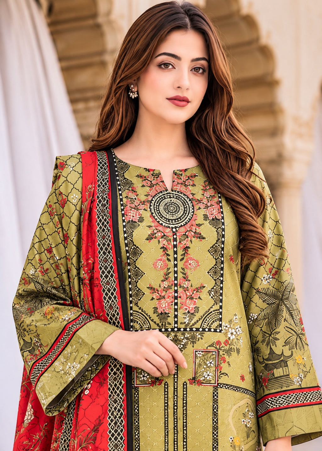 A woman modeling a traditional South Asian salwar kameez set in olive green with intricate floral embroidery, a red dupatta, and black geometric borders, set against a soft-focus architectural background.