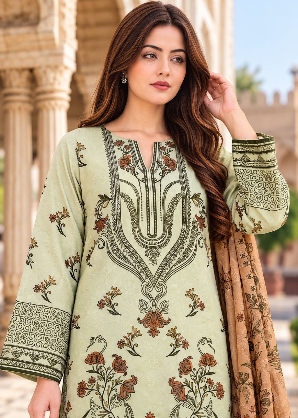A woman wearing a light sage green embroidered kurta with brown and black floral patterns, paired with a beige dupatta, set against a blurred background of classical columns.