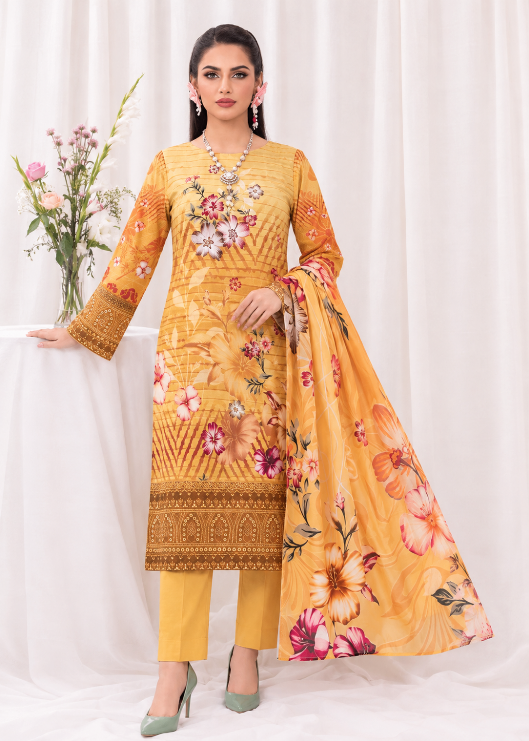 A woman models a traditional three-piece salwar kameez suit set in mustard yellow. The kurta features intricate floral embroidery and geometric patterns, paired with matching yellow trousers and a coordinating dupatta with large floral prints.