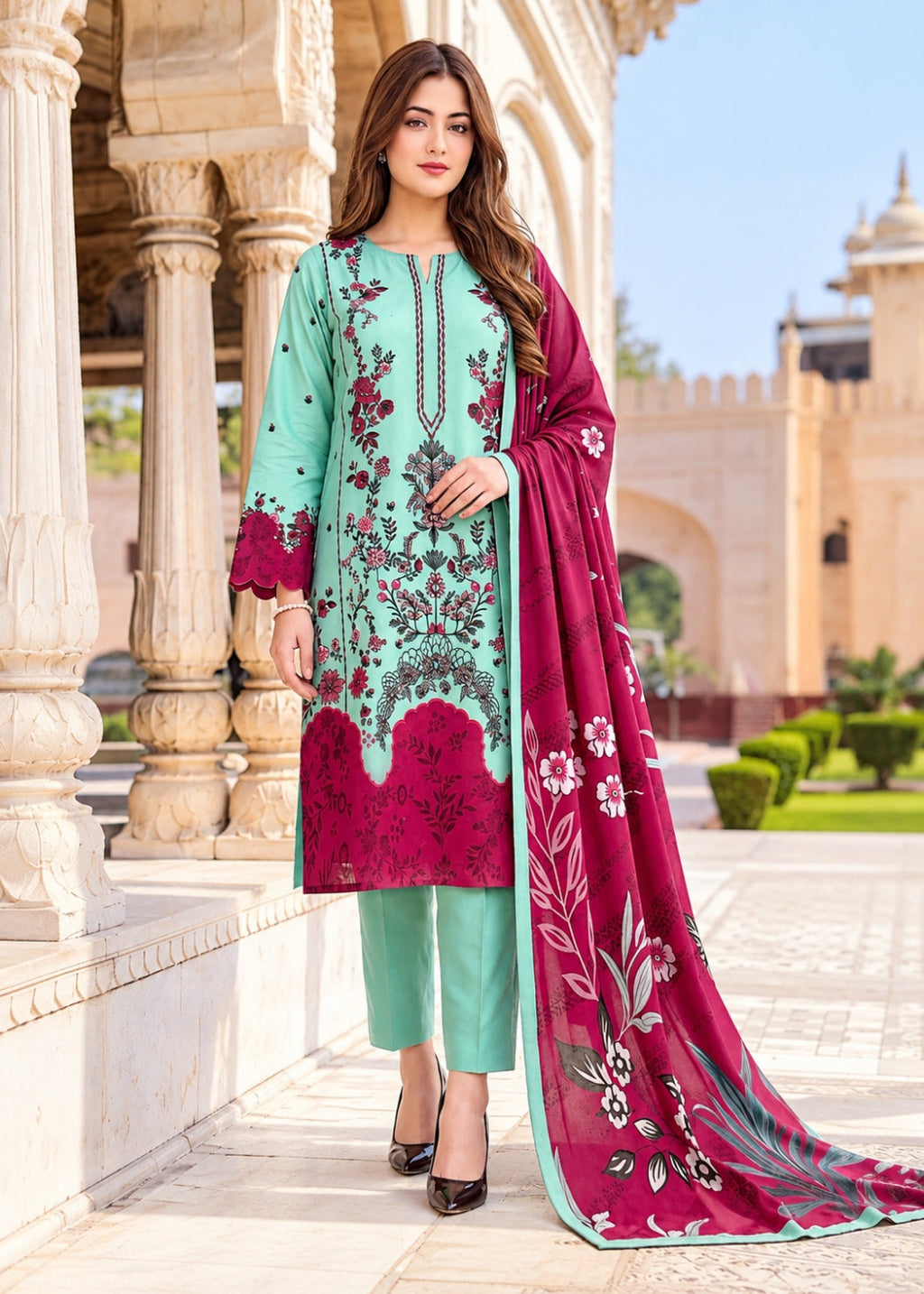 A woman models a traditional South Asian salwar kameez suit set outdoors in front of a grand stone building. The set features a mint green kurta with dark magenta floral embroidery, matching mint green trousers, and a dark magenta dupatta with white floral prints.