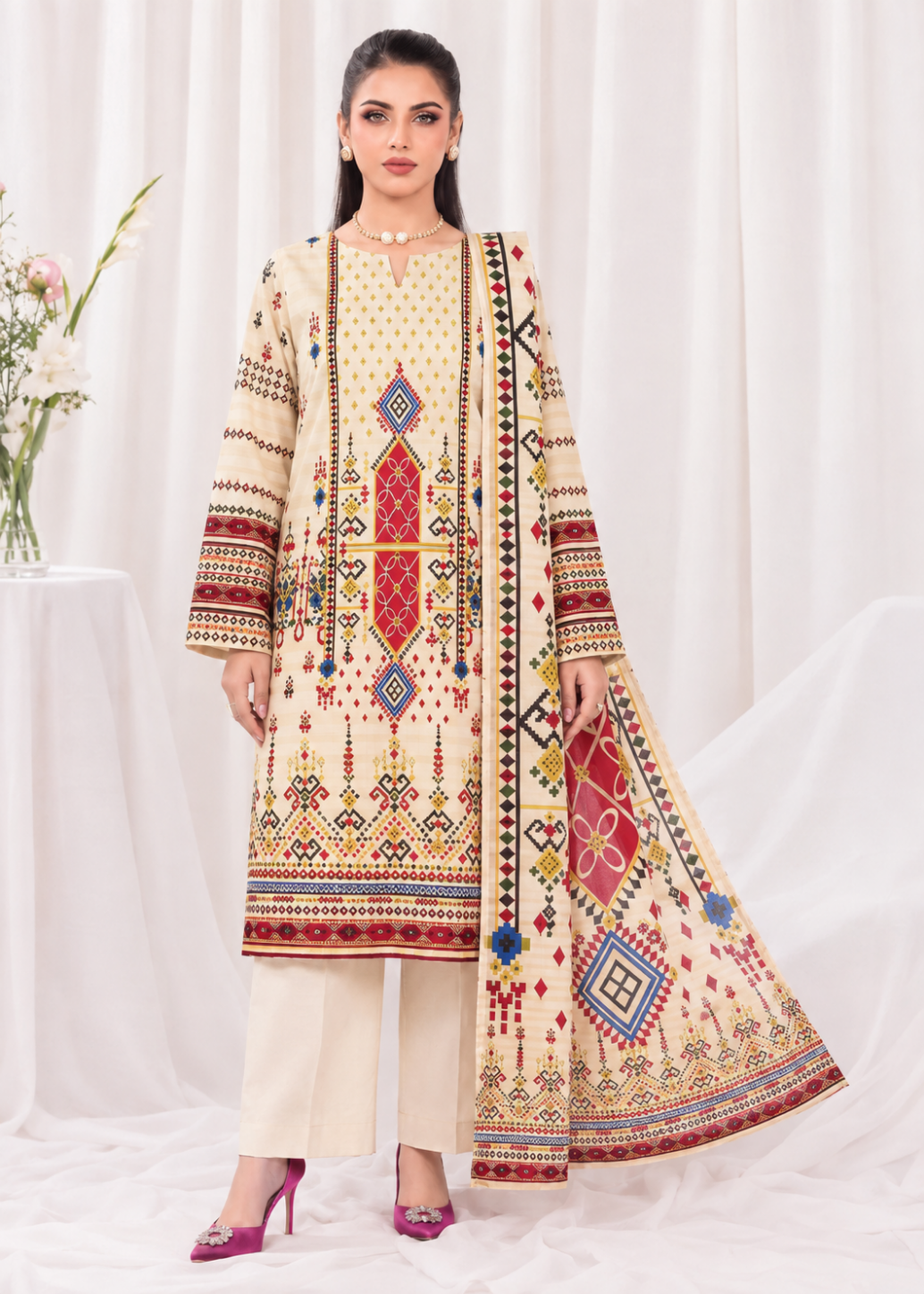 A woman models a traditional South Asian salwar kameez suit set featuring a cream-colored kurta and trousers with intricate multicolor geometric embroidery, paired with a matching dupatta.