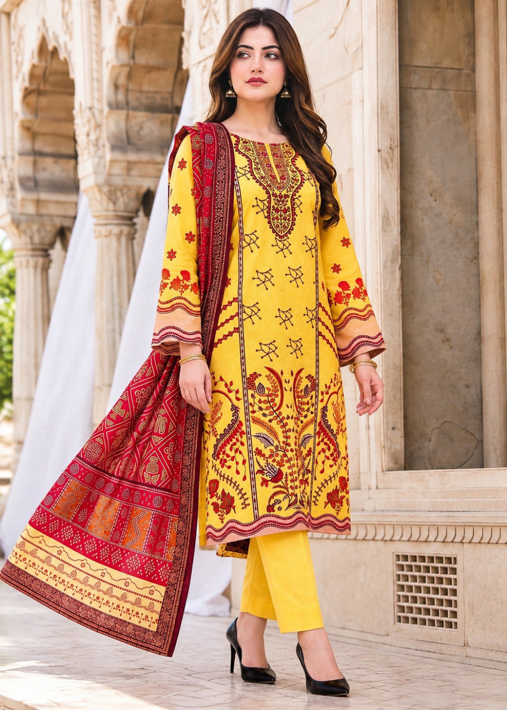 A woman models a traditional three-piece salwar kameez suit set. The set features a bright yellow kurta with red and gold floral patterns, matching yellow trousers, and a red dupatta with gold and green borders, set against a classical stone archway background.