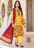 A woman models a traditional three-piece salwar kameez suit set. The set features a bright yellow kurta with red and gold floral patterns, matching yellow trousers, and a red dupatta with gold and green borders, set against a classical stone archway background.