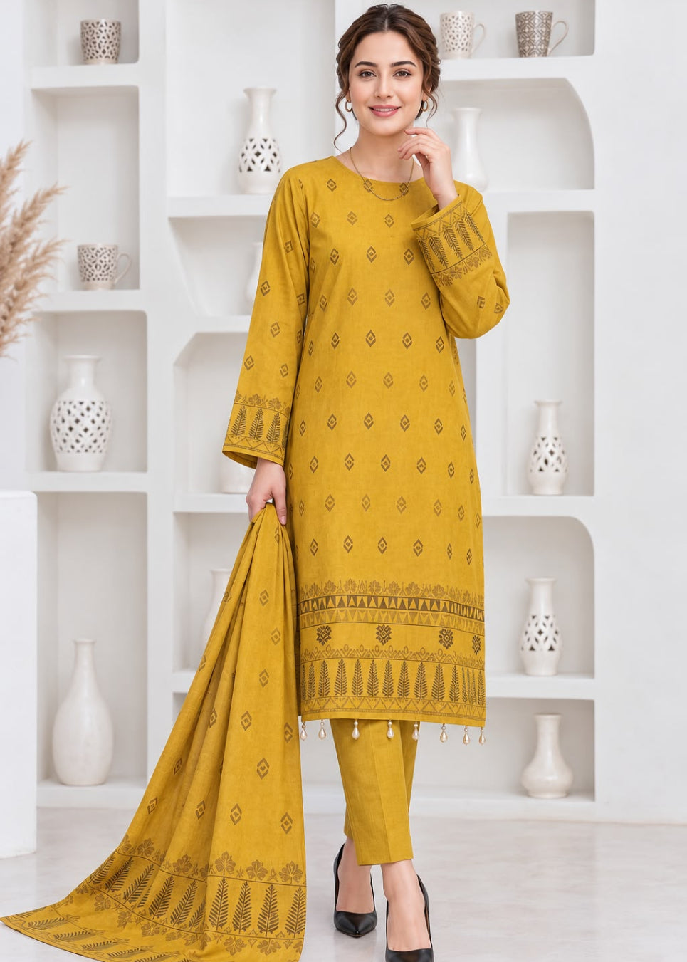 A woman models a three-piece mustard yellow ethnic salwar kameez suit with matching dupatta. The kurta and trousers feature delicate black geometric embroidery, and the dupatta has a matching border print.