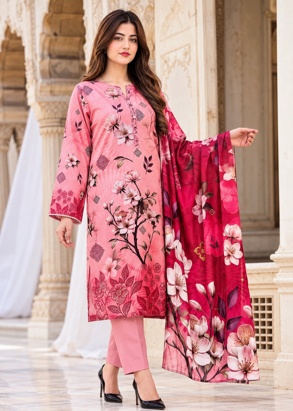 A woman models a pink floral printed salwar kameez suit with matching trousers and a dupatta in an elegant indoor setting with classical columns.