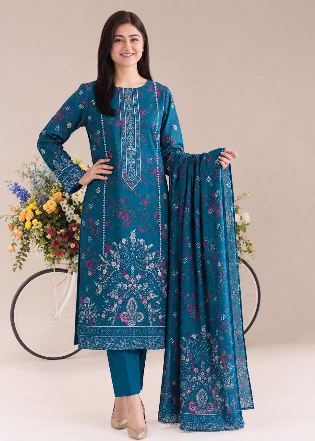 A woman models a teal blue ethnic salwar kameez suit with intricate white and purple floral prints, paired with matching trousers and a dupatta, set against a neutral beige background with a bicycle prop.