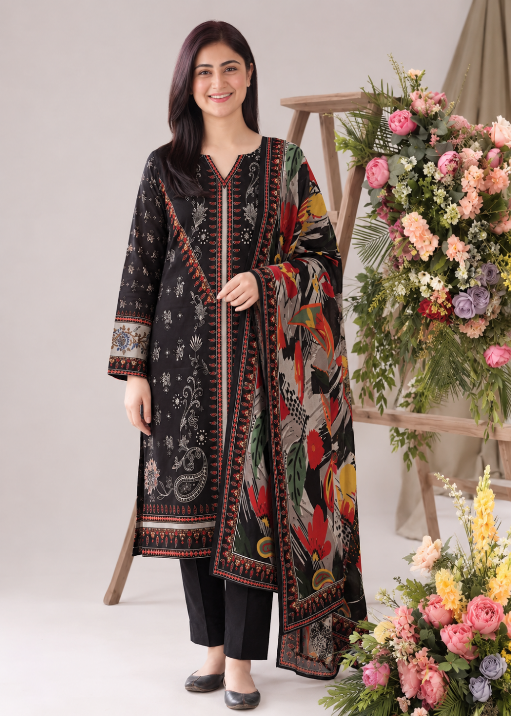 A woman modeling a black three-piece ethnic suit with intricate multicolor paisley and floral patterns, featuring a matching dupatta, black pants, and black shoes, set against a studio backdrop with floral arrangements.