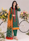 A woman models a traditional three-piece salwar kameez suit set. The kurta is forest green with red and gold geometric patterns, paired with matching green trousers and a dupatta featuring a green-to-orange gradient with white floral prints.