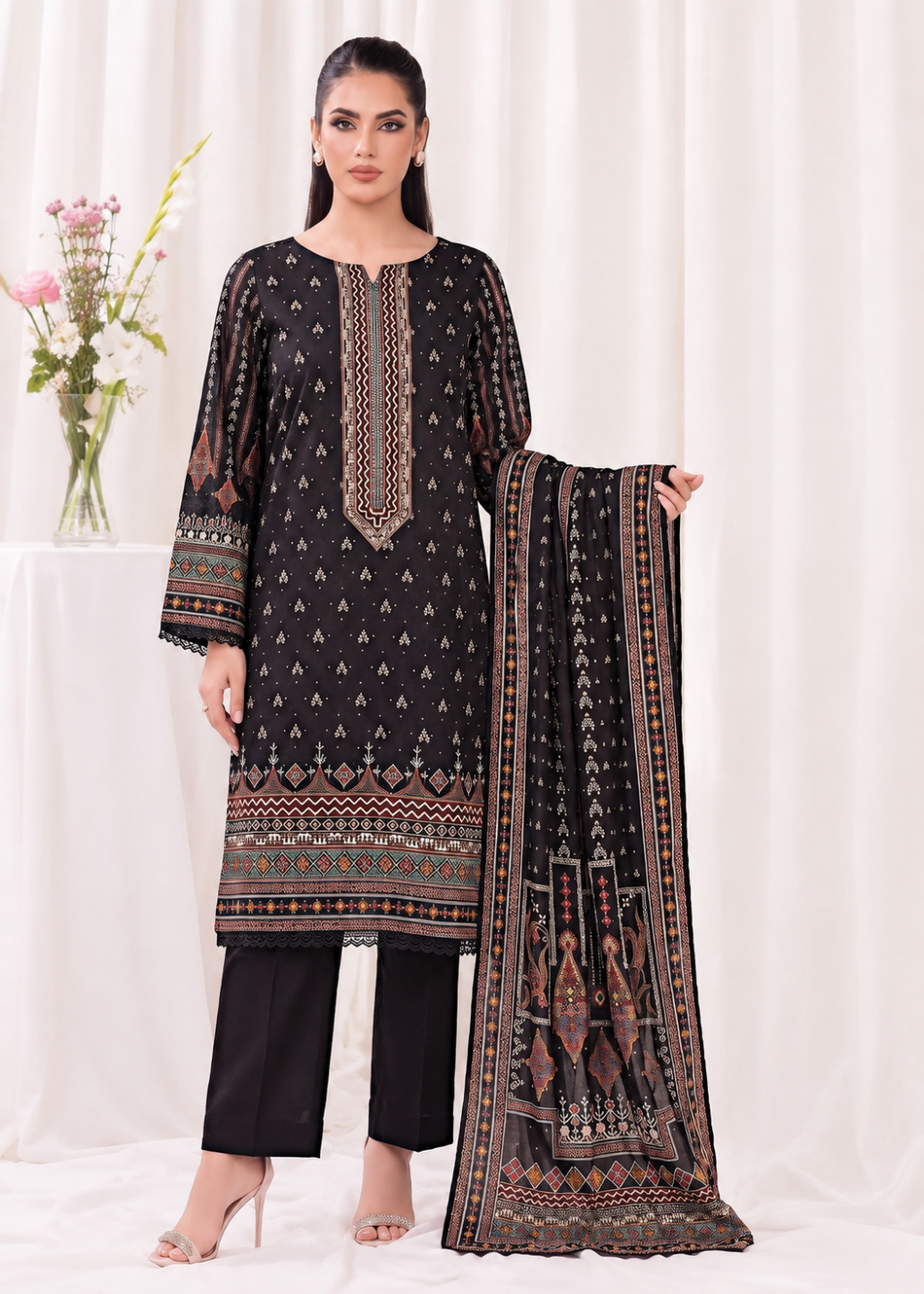 A woman models a black 3-piece salwar kameez suit set with intricate multicolor geometric patterns and embroidery, paired with black trousers and a matching dupatta, set against a white draped background.