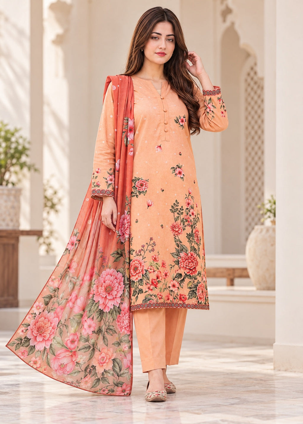 A woman models a peach-colored ethnic salwar kameez suit with a floral print, matching pants, and a coordinating dupatta in an outdoor architectural setting.