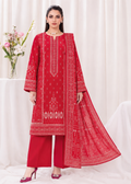 A woman models a traditional red three-piece ethnic suit with white embroidery, featuring a long kurta, wide-leg trousers, and a matching dupatta, set against a draped white fabric background.