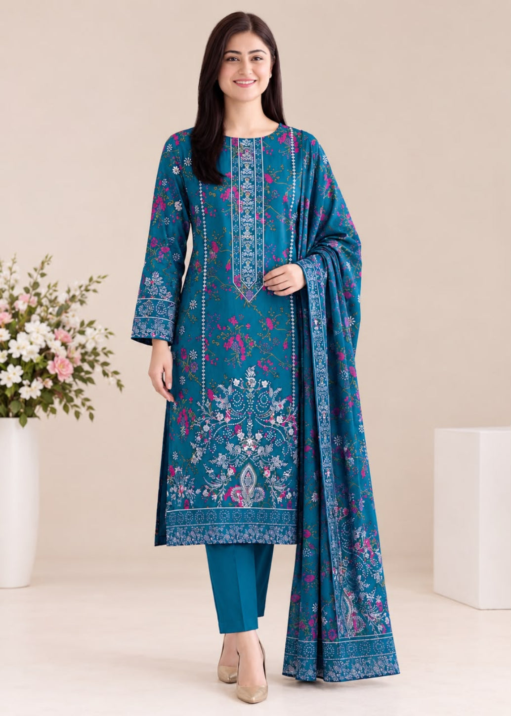 A woman modeling a traditional three-piece salwar kameez suit in teal blue, featuring floral prints in pink and purple, paired with matching pants and a dupatta, set against a neutral beige background.