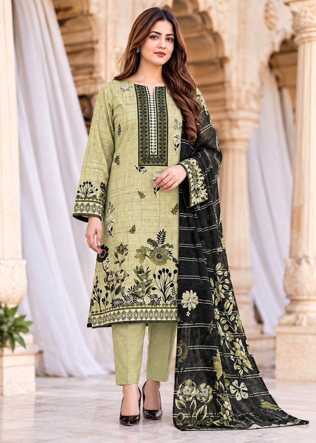 A woman models a three-piece traditional South Asian salwar kameez suit set. The set features an olive green kurta with green and black floral embroidery, matching olive green trousers, and a black dupatta with green floral patterns and gold borders.