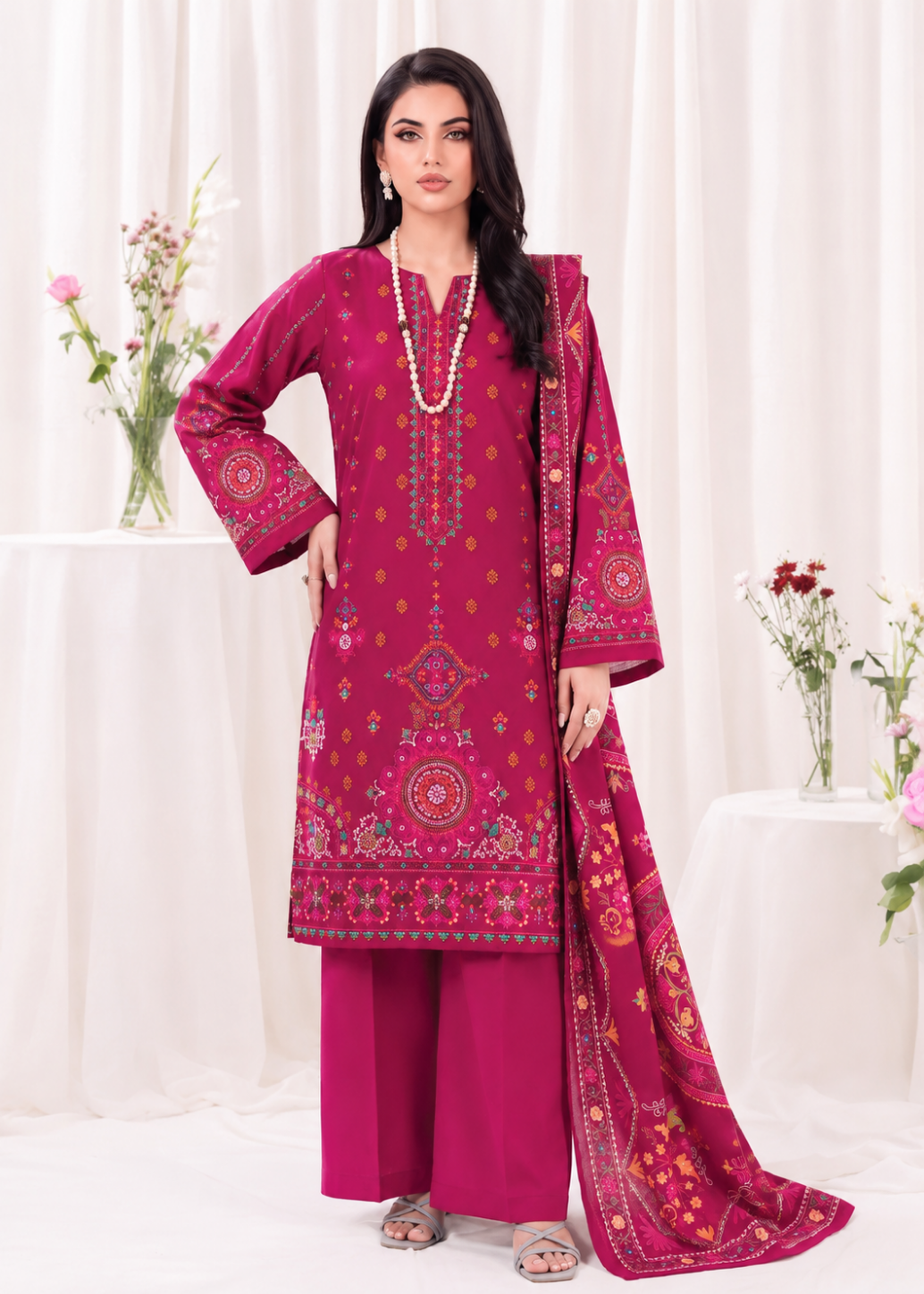 A woman models a magenta pink ethnic three-piece suit set with intricate multicolor embroidery and a matching dupatta, set against a white draped studio background with decorative floral arrangements.