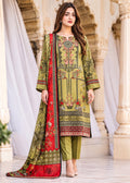 A woman models a traditional three-piece salwar kameez suit set. The set features an olive green printed kurta with intricate red, gold, and black patterns, paired with olive green trousers and a matching red dupatta with gold and green borders.
