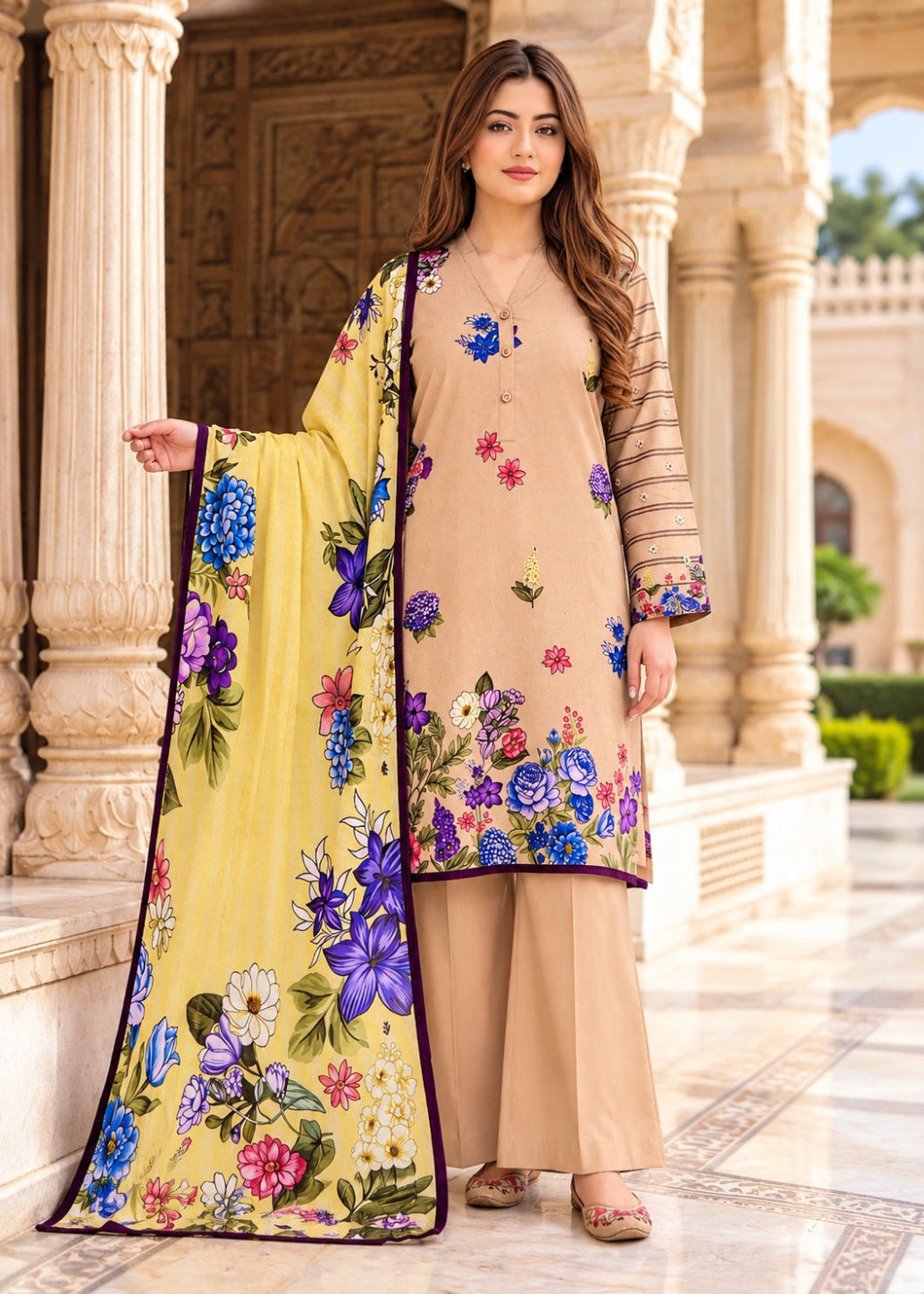 A woman models a traditional three-piece salwar kameez suit in beige, featuring a floral printed kurta, striped sleeves, matching trousers, and a yellow dupatta with colorful floral patterns, set against an elegant stone architectural background.