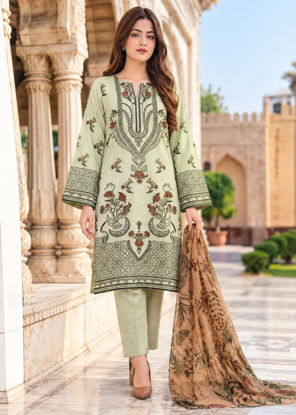 A woman models a traditional three-piece salwar kameez suit in sage green, featuring intricate floral embroidery, paired with matching trousers and a brown patterned dupatta, set against a historic stone archway background.