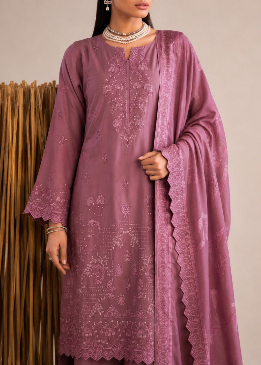 A woman models a dusty purple embroidered traditional outfit with a matching dupatta, featuring intricate floral embroidery and scalloped edges, set against a neutral background with a bamboo screen.