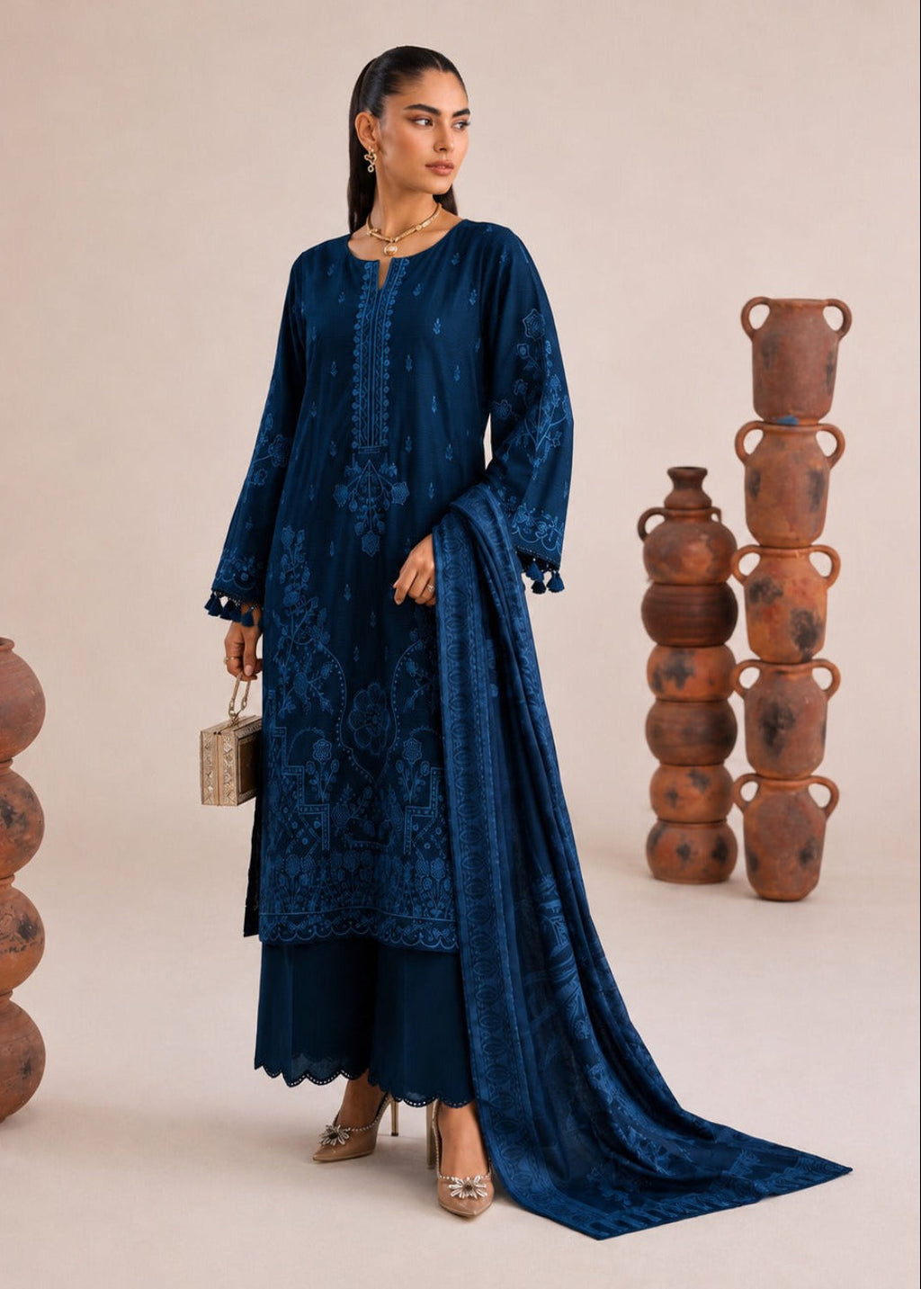 A woman models a deep blue embroidered traditional outfit with a matching dupatta, standing in a studio with decorative stacked terracotta pots on either side.