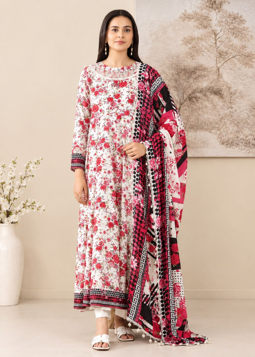 A woman models a traditional three-piece salwar kameez suit set. The set features a white kurta with red floral prints, matching red and black patterned trousers, and a coordinating dupatta with red, black, and white geometric and floral patterns.
