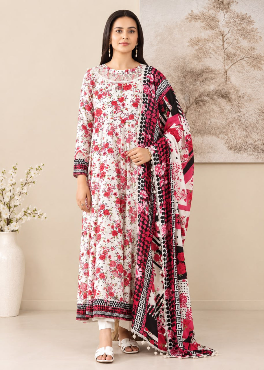 A woman models a traditional three-piece salwar kameez suit set. The set features a white kurta with red floral prints, matching red and black patterned trousers, and a coordinating dupatta with red, black, and white geometric and floral patterns.
