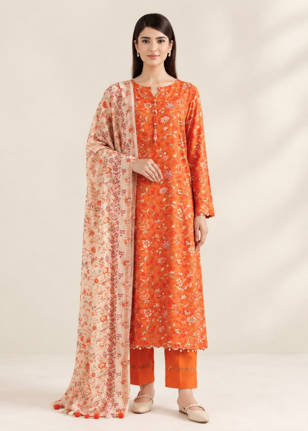 A woman modeling a traditional Indian outfit consisting of an orange kurta with white floral prints, matching orange pants, and a beige dupatta with orange floral patterns and tassel ends, set against a plain beige background.