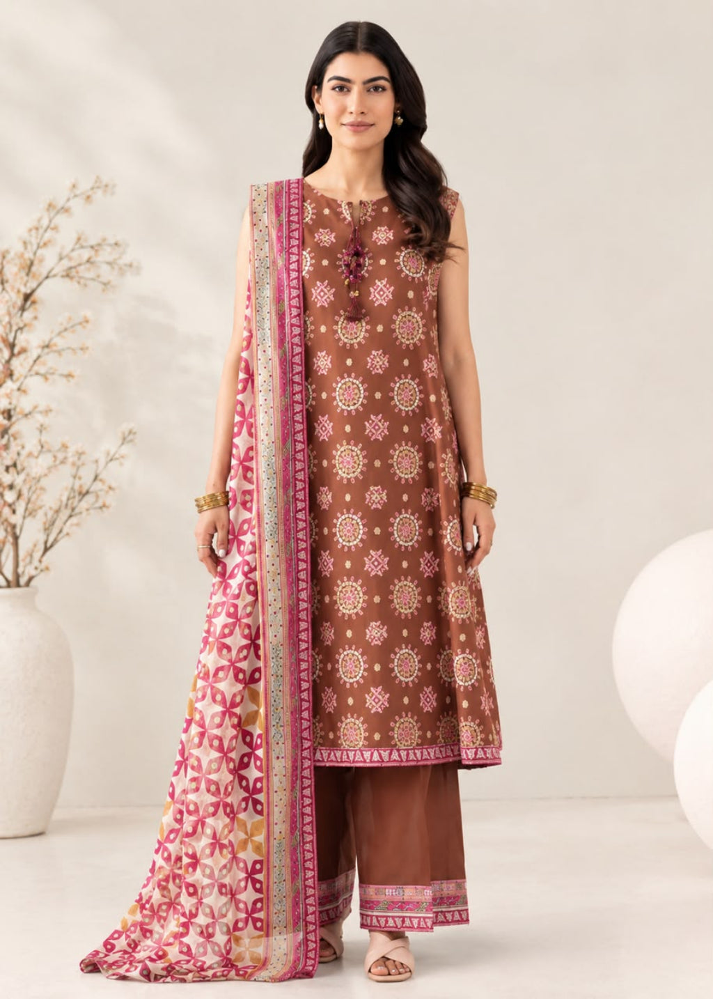 A woman models a traditional brown salwar kameez suit with intricate white and pink floral patterns, paired with a matching pink and gold patterned dupatta, set against a neutral studio background.