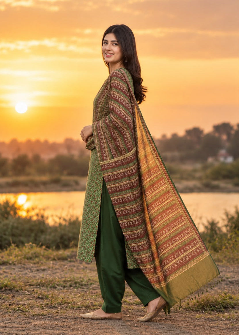 A woman stands outdoors by a lake at sunset wearing a green kurta with a wide, patterned dupatta draped over her shoulders. The scene has warm golden light and low clouds in the sky.