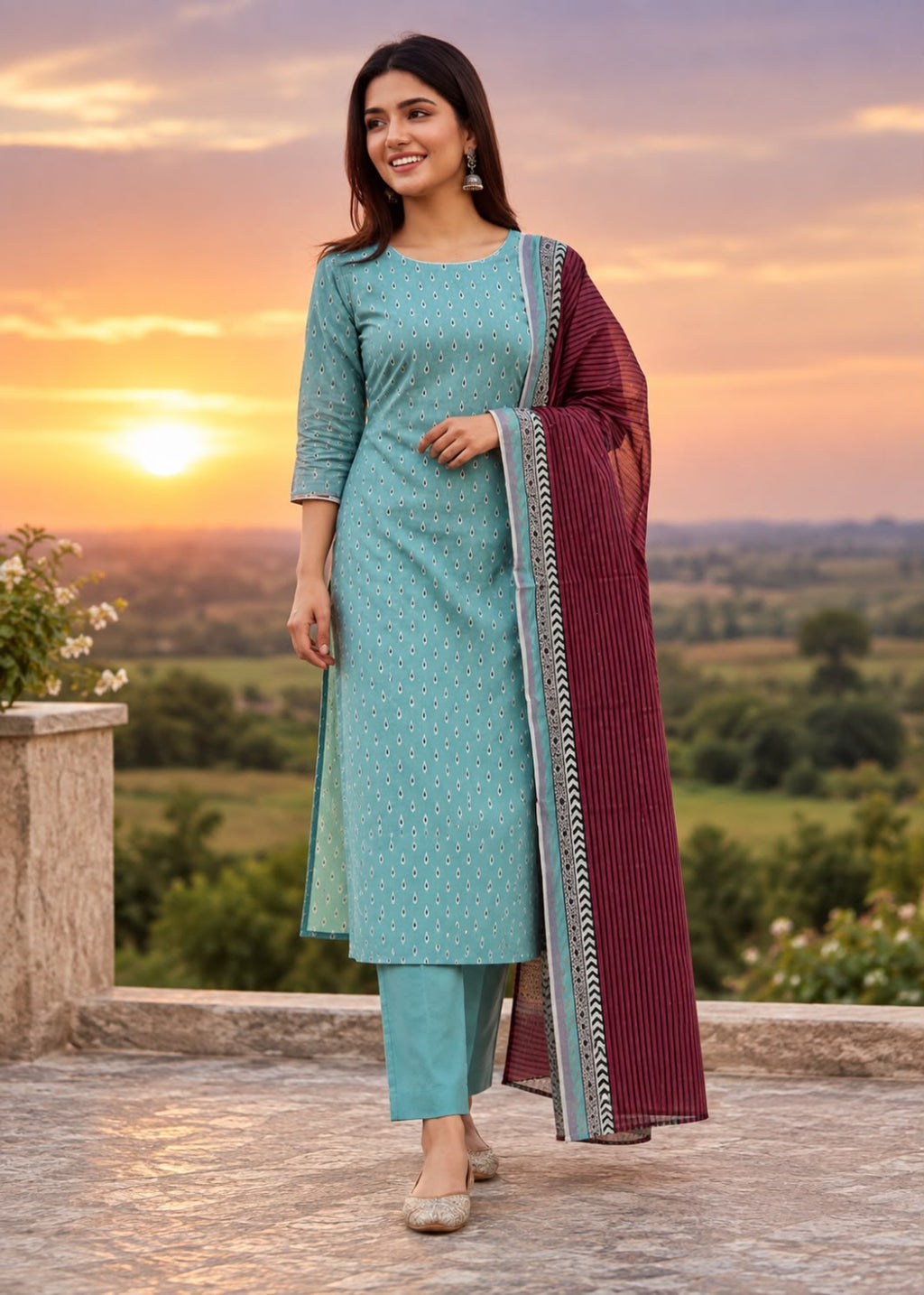 A woman stands outdoors at sunset wearing a light teal three-piece salwar kameez suit with a matching dupatta. The suit features small white floral prints, and the dupatta has a deep maroon border with a silver and black geometric pattern.