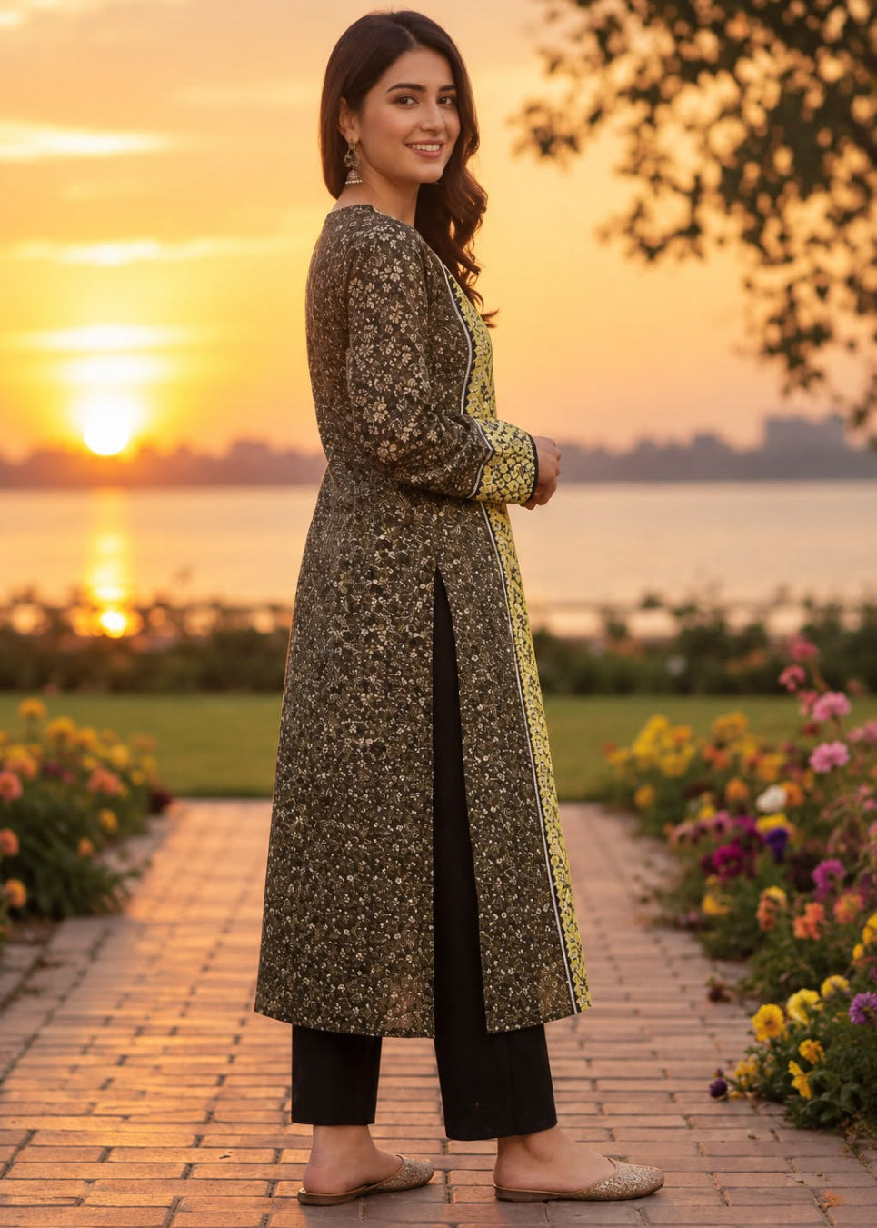 A woman stands on a brick path at sunset wearing a long, embellished kurta in a gold and black pattern, paired with black pants and beige flat shoes, with a garden and water in the background.
