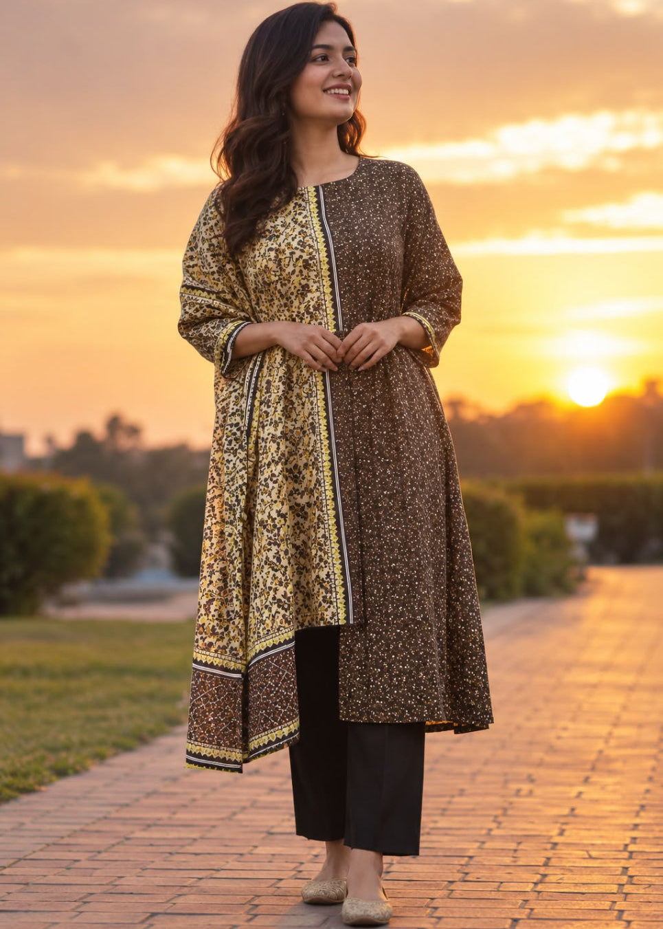 A woman stands on a brick pathway at sunset wearing a brown and gold patterned tunic with black wide-leg pants. The background shows a warm glowing sky and park greenery.