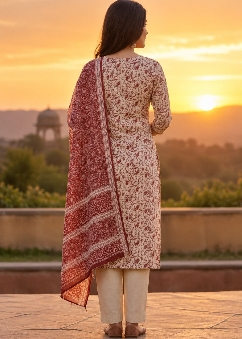 A woman stands with her back to the camera wearing a cream-colored kurta with a red floral print and a matching red patterned dupatta, paired with cream pants, set against a warm sunset background.