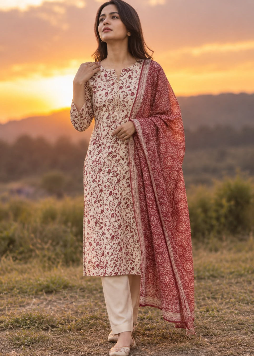 A woman stands outdoors at sunset wearing a cream-colored printed kurta with a matching printed dupatta and light beige pants. The background shows a blurred natural landscape with hills and a warm orange sky.