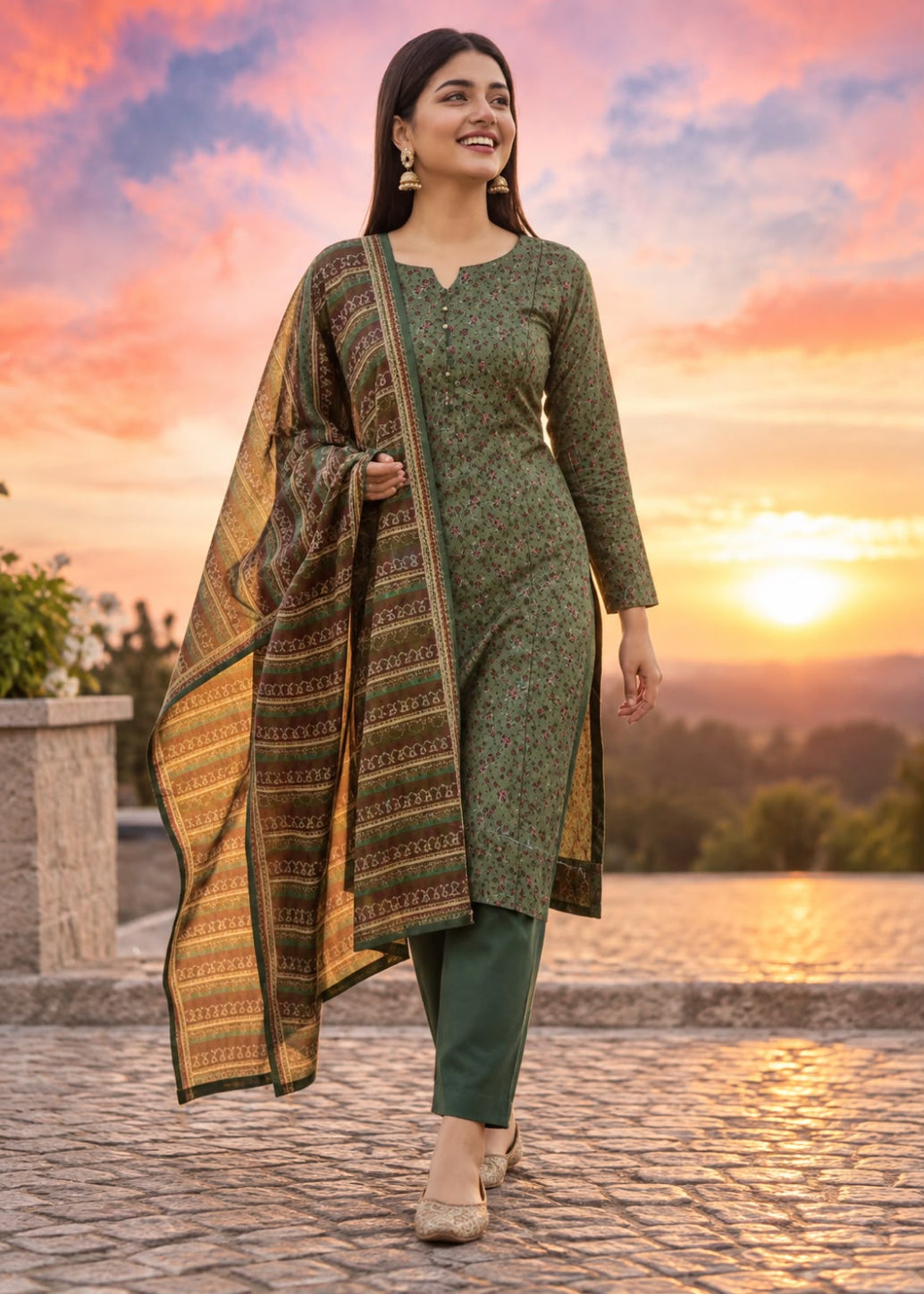 A woman modeling a three-piece salwar kameez suit set in an outdoor setting at sunset. The set features an olive green printed kurta, matching green trousers, and a patterned dupatta in green, gold, and brown.