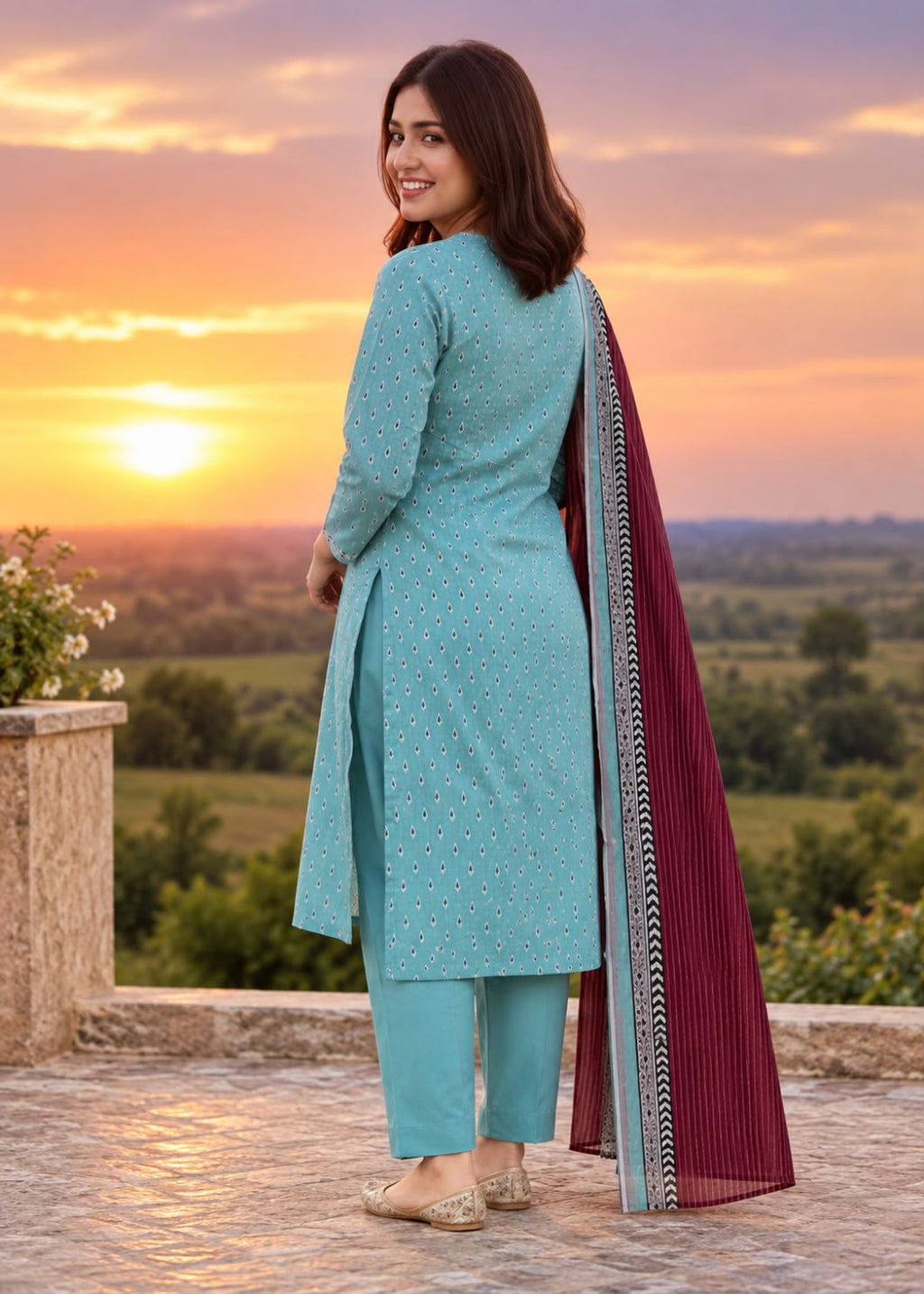 A woman wearing a light blue traditional outfit with a deep maroon dupatta, photographed outdoors against a sunset landscape.