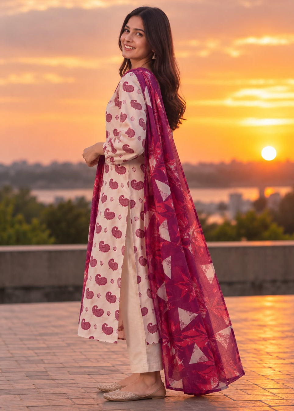 A woman stands outdoors at sunset wearing a cream kurta with pink heart prints and a matching pink dupatta with geometric patterns. The background shows a warm orange sunset over water.