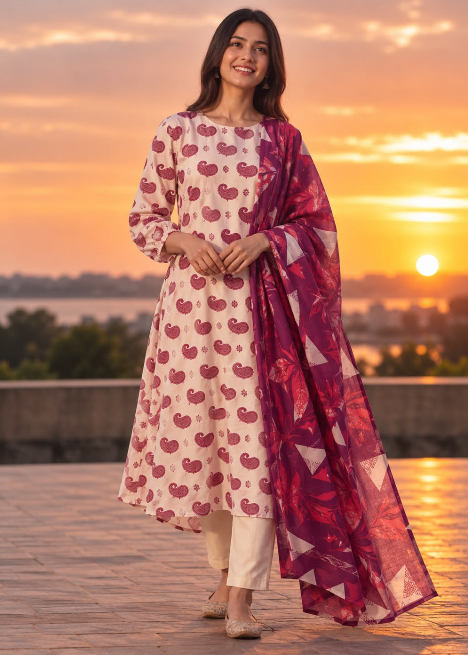 A woman stands outdoors at sunset wearing a cream kurta with a red heart pattern, cream pants, and a sheer magenta dupatta with red and white floral motifs.