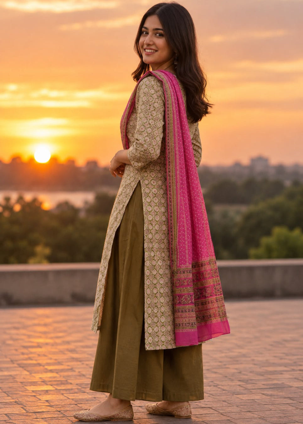 A woman stands outdoors at sunset wearing a traditional outfit with a beige patterned tunic, olive green wide-leg pants, and a bright pink dupatta with a patterned border.