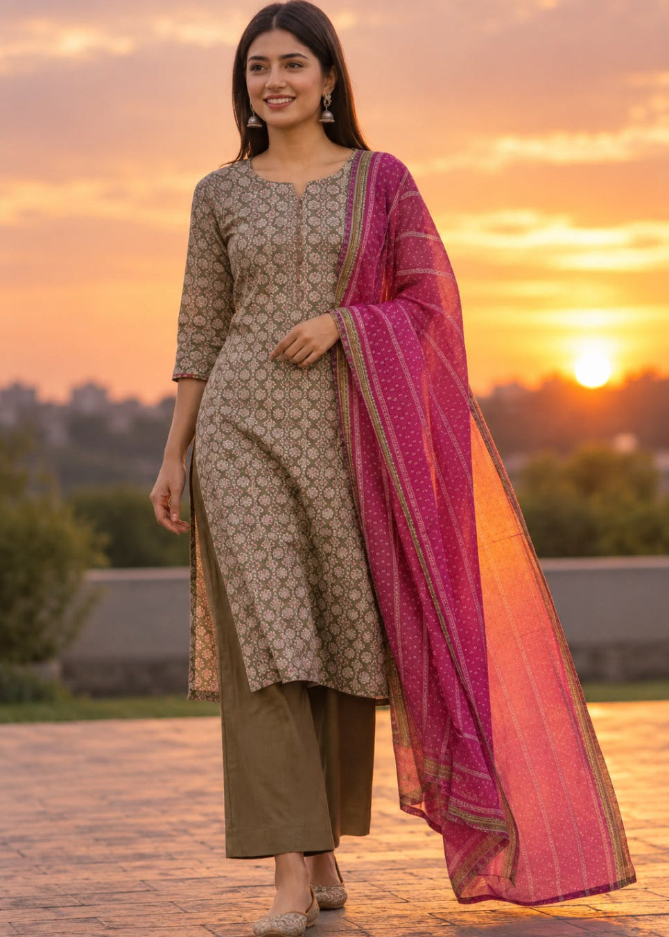 A woman modeling a traditional Indian salwar kameez suit set outdoors at sunset. The set features a beige printed kurta, olive green trousers, and a vibrant magenta dupatta with gold borders.