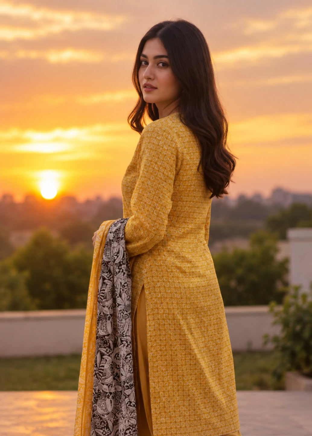A woman wearing a yellow textured kurta and matching trousers, holding a black and yellow patterned dupatta, standing outdoors against a sunset sky.