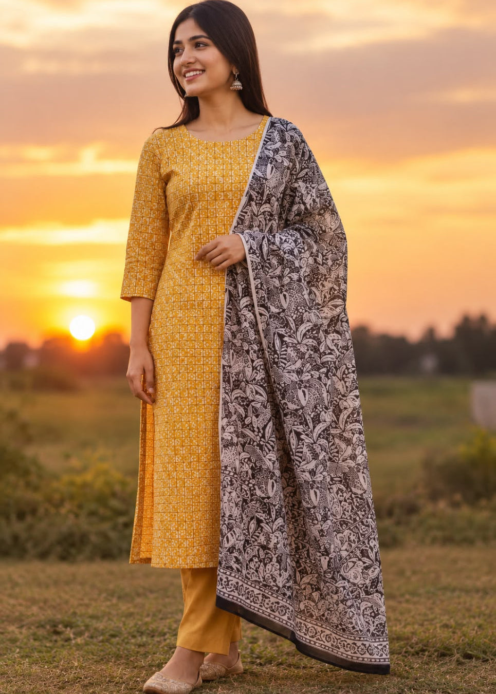 A woman stands outdoors at sunset wearing a mustard yellow printed kurta with matching pants and a patterned dupatta draped over one shoulder.