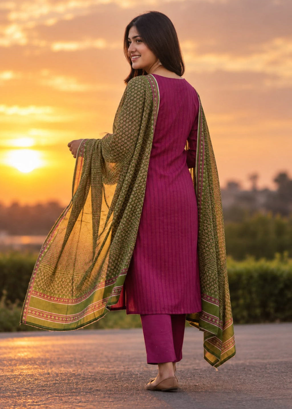 A woman wearing a magenta three-piece salwar kameez suit with a green patterned dupatta, standing outdoors at sunset.