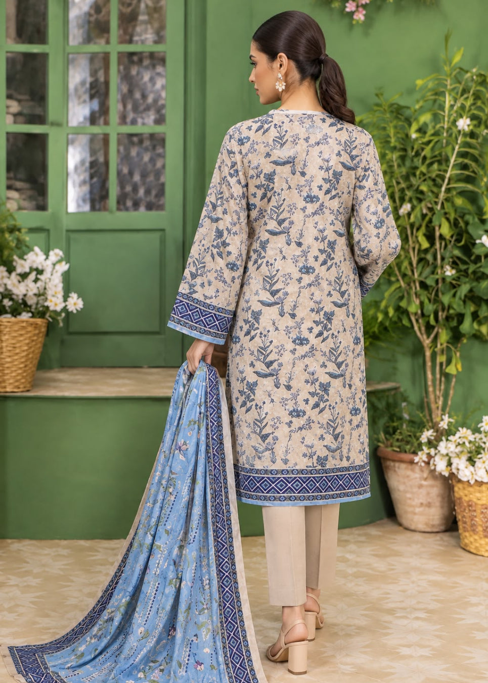A woman stands with her back to the camera wearing a beige traditional tunic with blue floral embroidery and a matching light blue dupatta with a dark blue border, set against a green wall with potted plants.