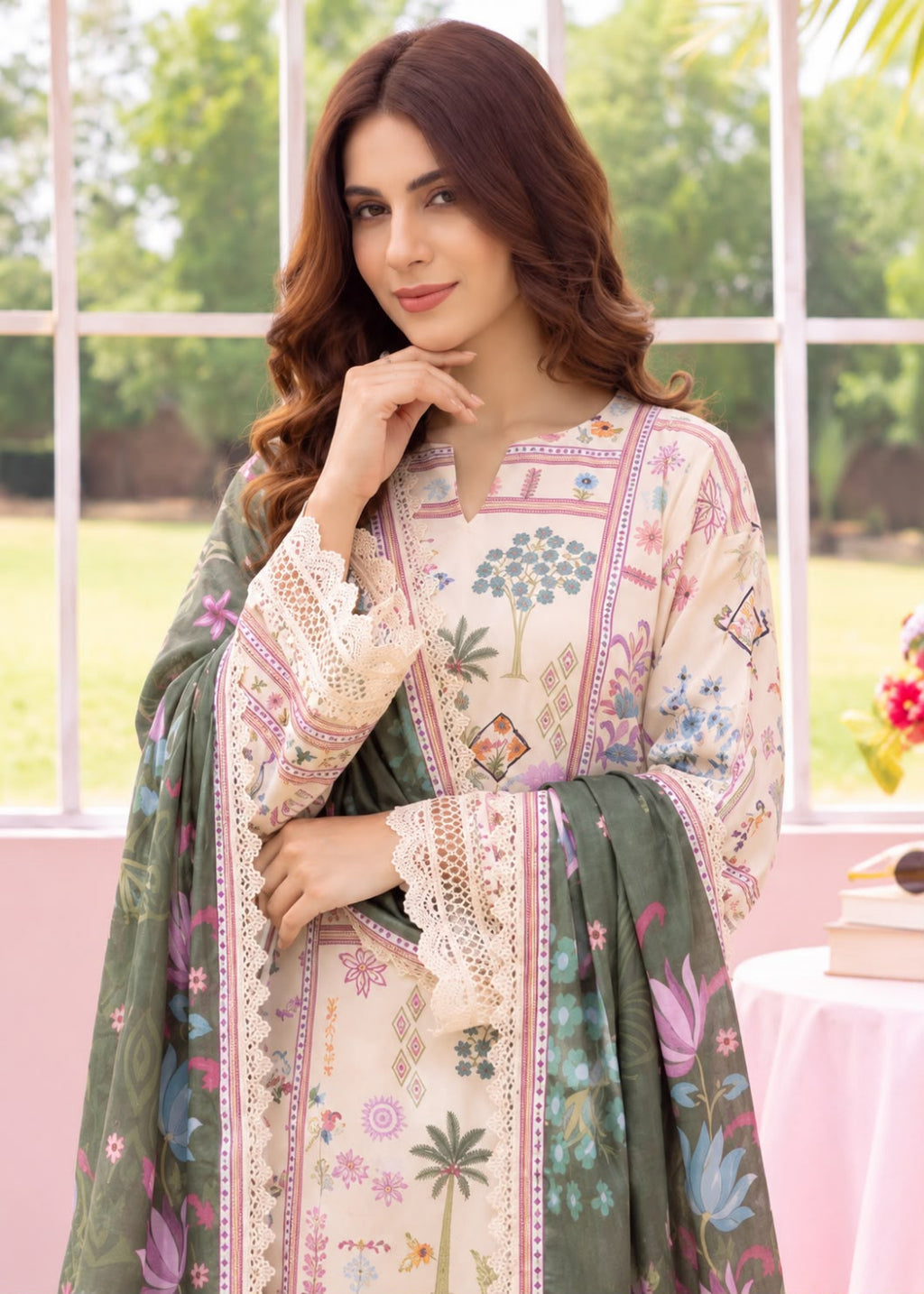 A woman models a traditional three-piece salwar kameez suit set. The set features a beige printed kameez top with floral motifs, a matching olive green dupatta with pink borders, and a coordinating green salwar pants.